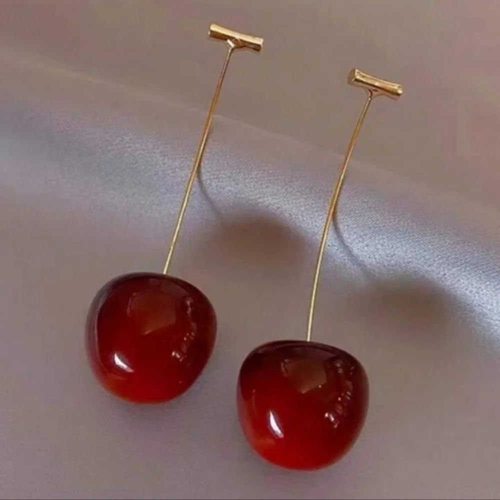 NEW! Cherry Red Drop Gold Plated Earrings - Picture 2 of 3